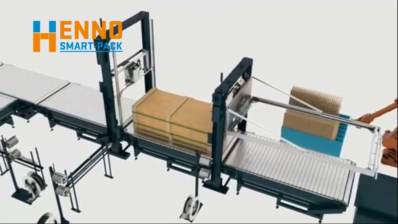 Hennopack robot palletizing with paper corner edge applictaion and strapping system