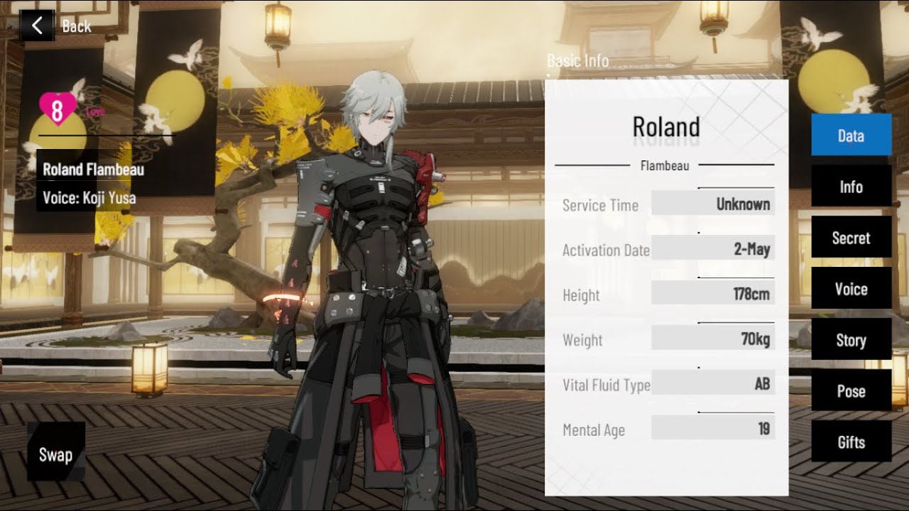 Roland Flambeau - All Voice Lines (JP + CN) + Secrets - Level 8 Affection - Punishing Gray Raven