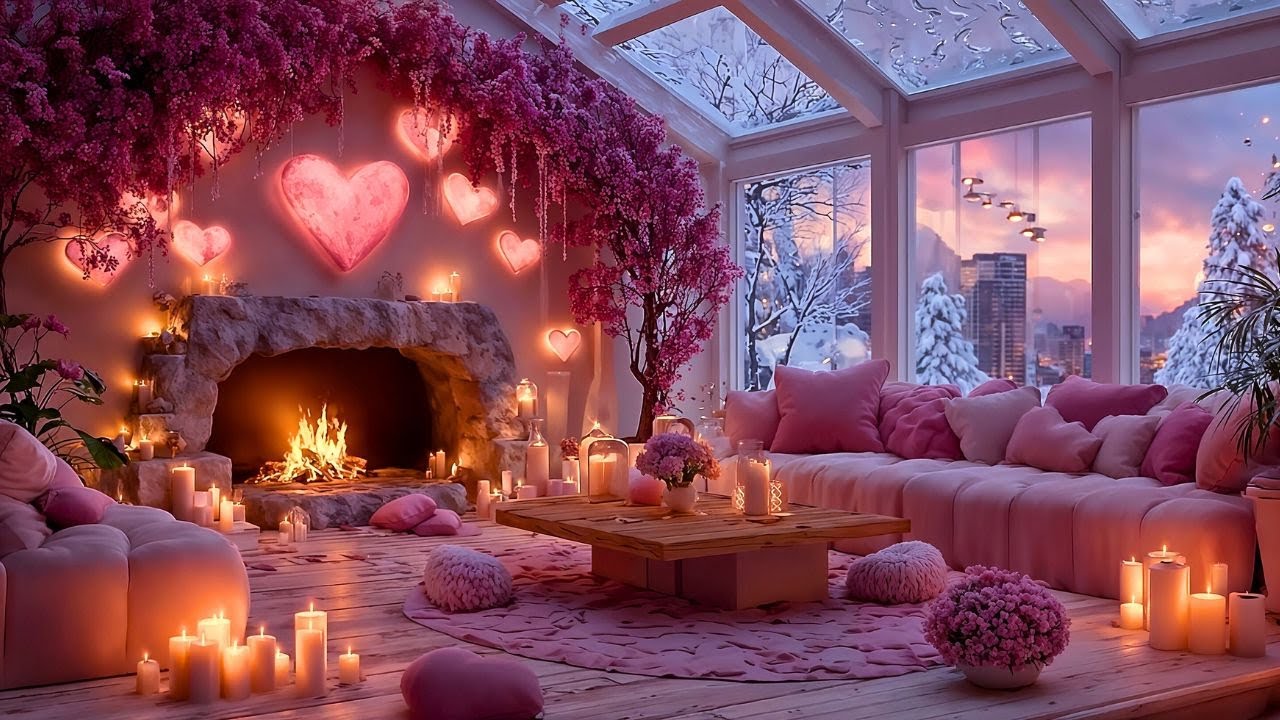 Sweet Valentine’s Pink Snow Porch 💕❄️🔥 Dreams Jazz & Warm Fireplace Ambience for Calm, Chill & LoVe