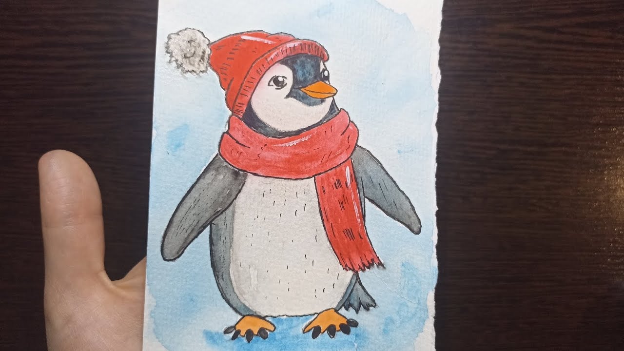 Рисунок акварелью / Пингвин в шарфике