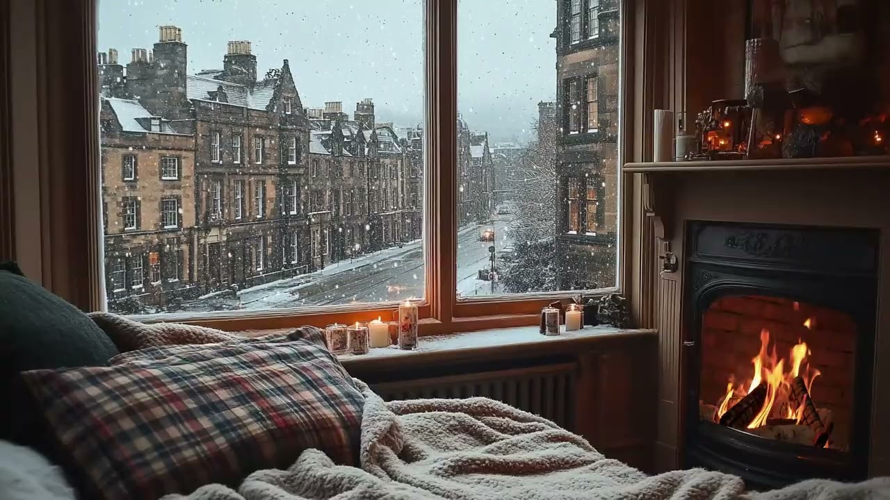 Warm Winter Room by the Window ❄️ Gentle Snowfall & Fireplace Sounds for Relax