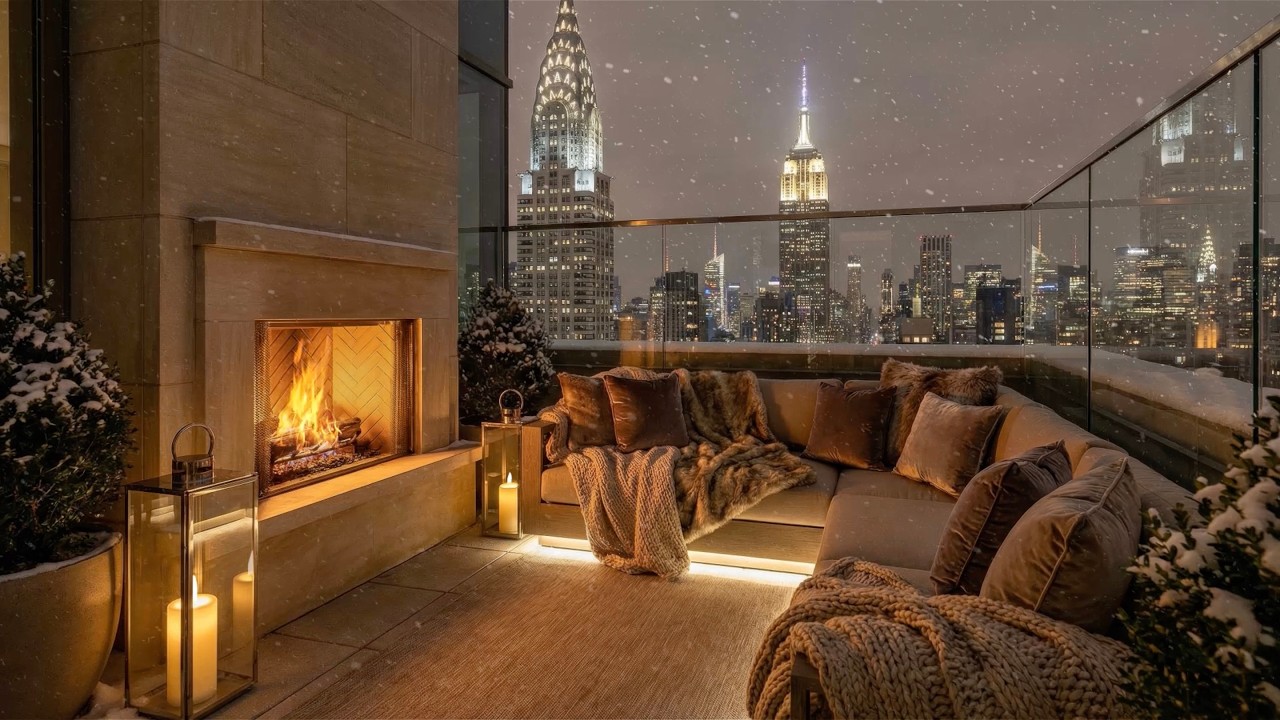 New York City Winter Midnight: Cozy Balcony Ambience for Sleep, Unwind, Work 😴❄️🌃