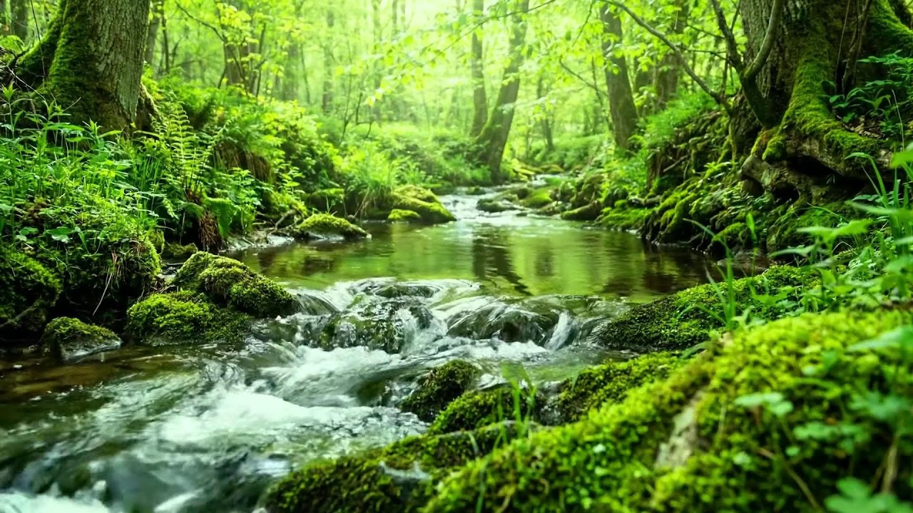 Stream Flowing Over Mossy Rocks with Birds Singing, Forest Nature Sounds for Meditation ASMR