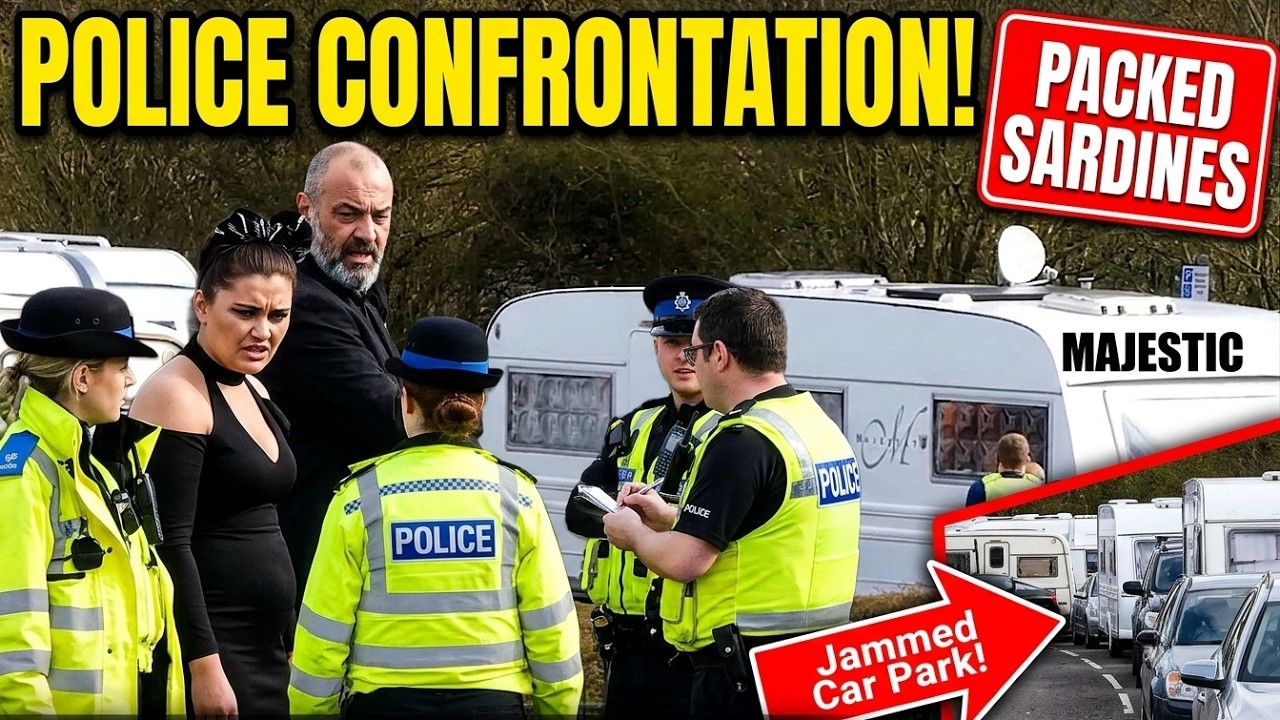 Police Cops Confront Travellers Caravans Squashed into Car Park Overload