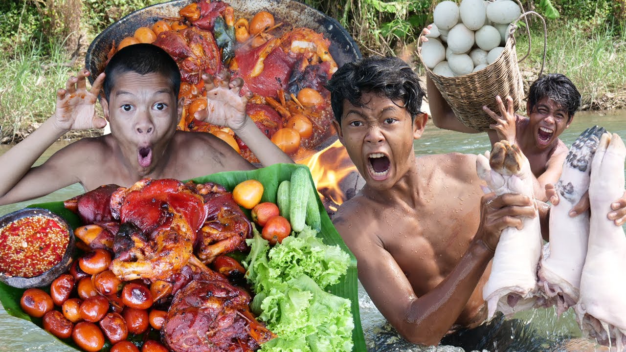 Primitive Technology - Cooking pigs leg recipe for food at forest - Eating delicious