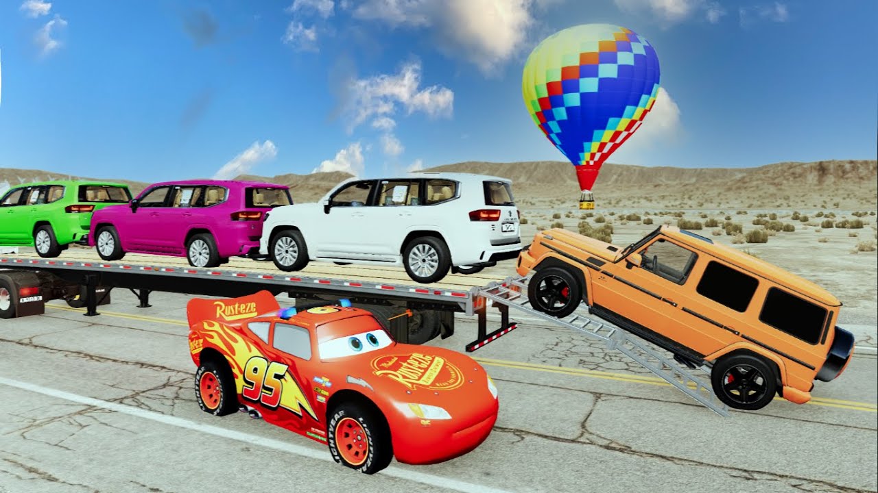 Flatbed Truck Mcqueen | Transportation with Truck - Pothole vs Car #21- Big & Small Cars vs Rainbow