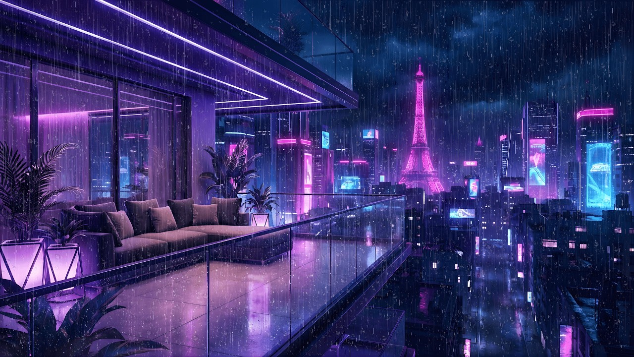 Lofi Rainy Nights 🌧️ – Futuristic Paris Balcony Vibes for Deep Sleep | 4K
