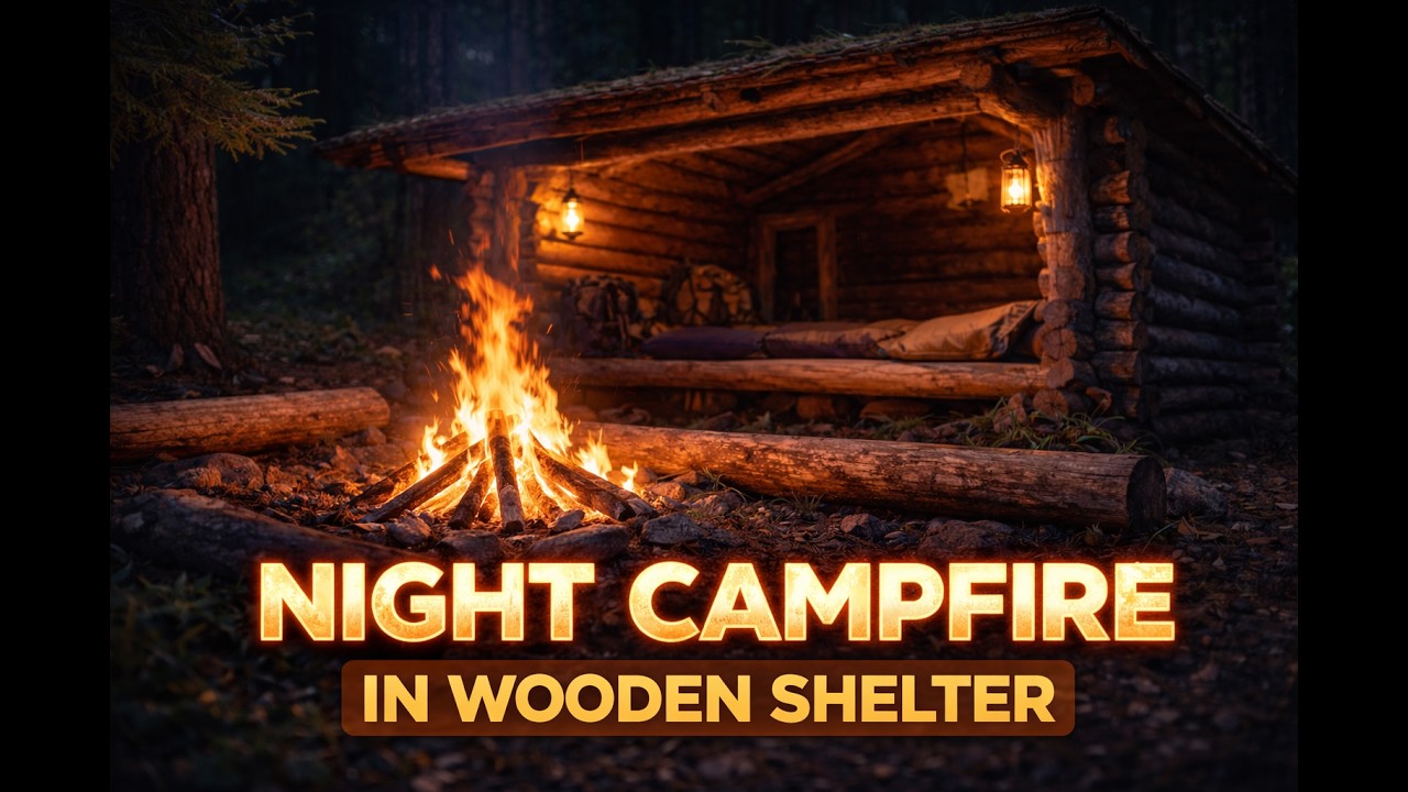 3H Night Campfire Ambience | Wooden Shelter, Forest Night & Relaxing Fire Sounds