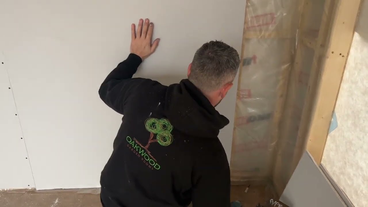 Day 10, solo garden room build, plaster boarding and fitting the back boxes