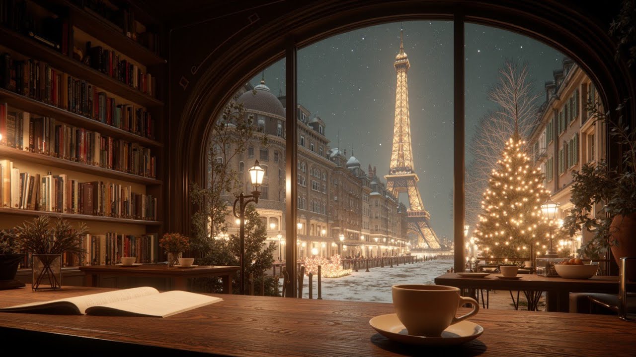 Dreamy Paris Jazz Ambience ✨ Уютная ночь в кафе с видом на Эйфелеву башню