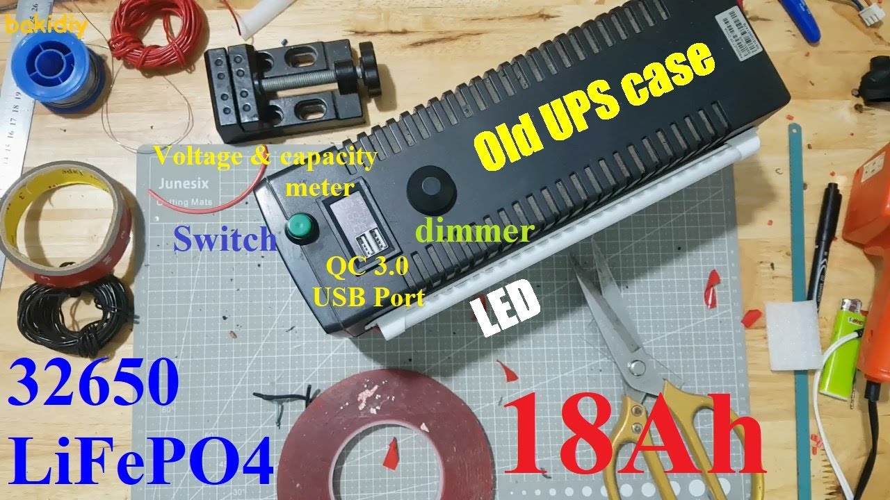 DIY 12V 18Ah 32650 Lifepo4 power bank with LED light, QC 3 0 USB ports, voltage & capacity indicator