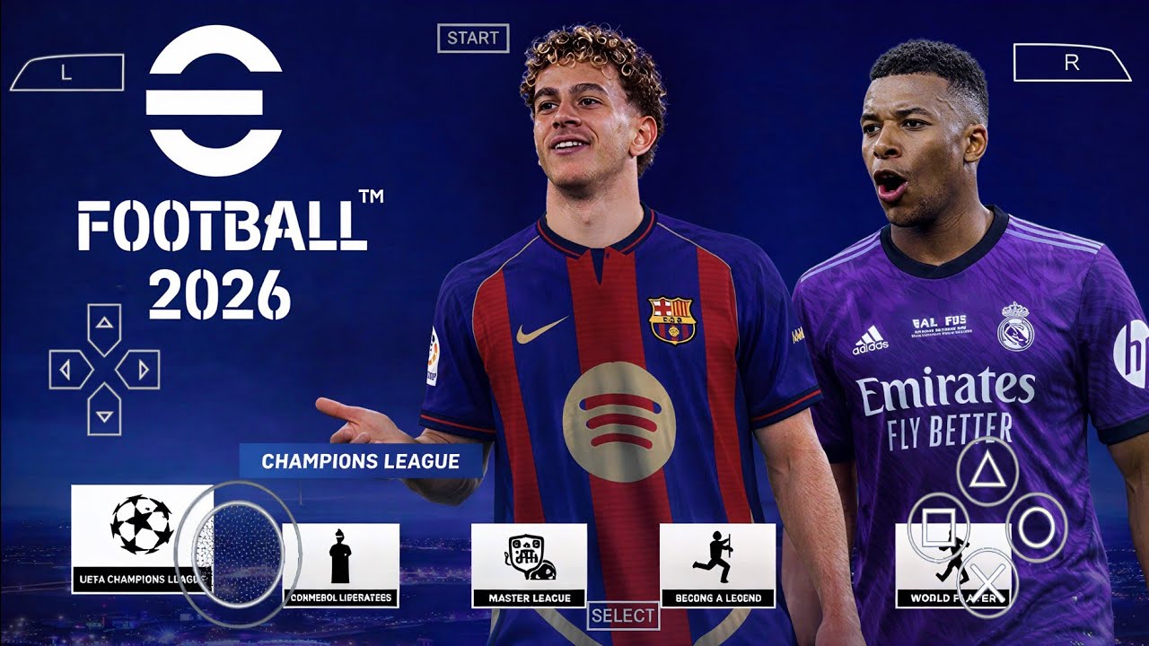 efootball PES 2026 PPSSPP on Android Offline PS5 Full Update UCL League kits 25 /26 REAL FACES HD