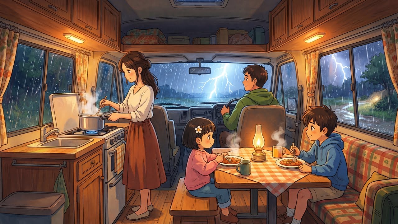 Safe Inside Mobile Home from Storm: Night Road Trip Meal | Cozy Cooking & ASMR | Ghibli-Style Video