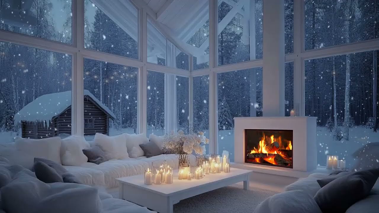 🧣🎶 Soft Piano Lounge for Winter Nights | Snow Outside, Warm Fire & Flowers | Sleep Focus Relax