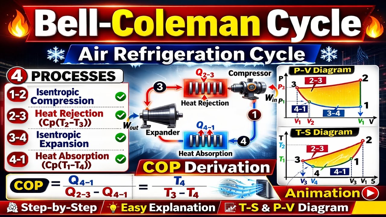 Bell-Coleman Cycle Explained | Air Refrigeration Cycle | COP Derivation | P-V & T-S Diagram