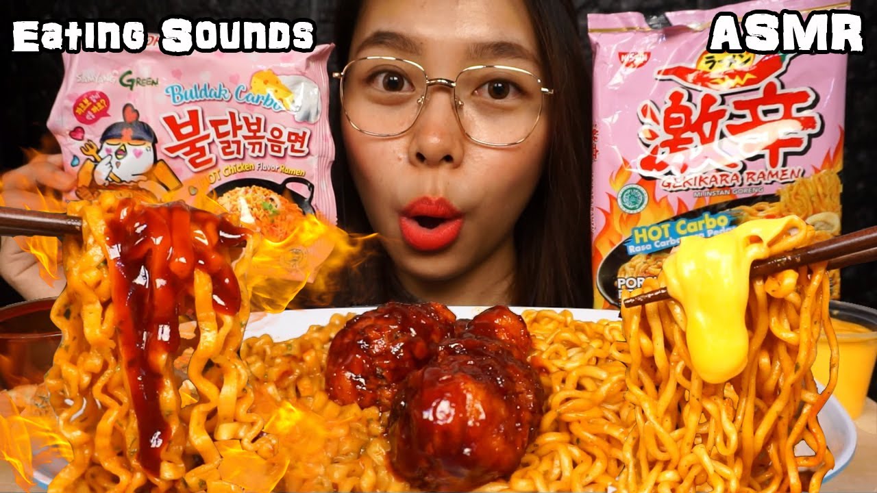 ASMR Samyang & Gekikara Carbo Noodles + Richeese Fire Chicken Level 10 | Eating Sounds