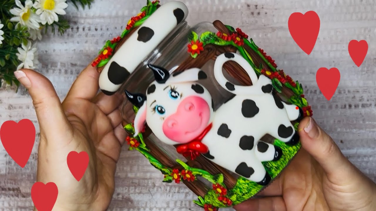 DIY/ frasco decorado VAQUITA LOLA en porcelana fría/ ideas para vender o regalar , frasco reciclado