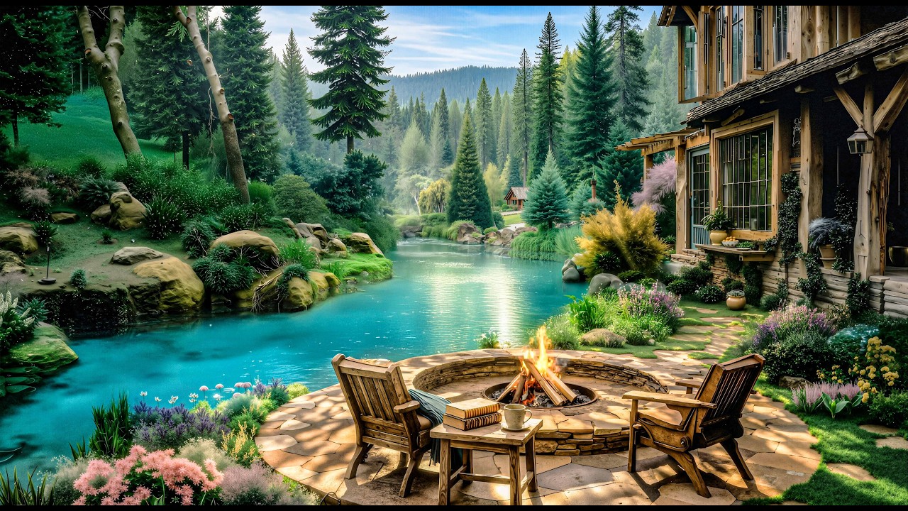 Calming View of Spring Morning Forest  🌸🍃 River Flow, Crackling Fire & Birdsong for Relaxing
