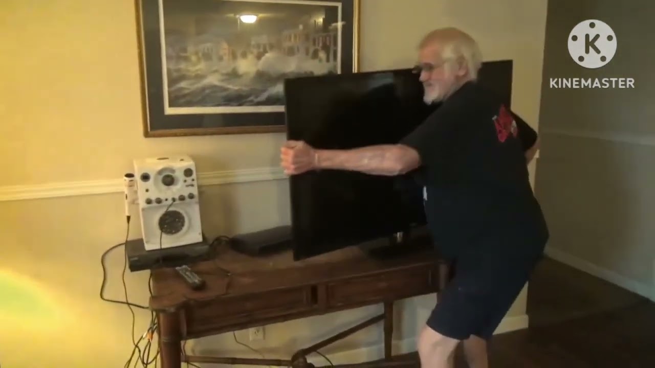 angry grandpa smashes HDTV with rainbow poo poo