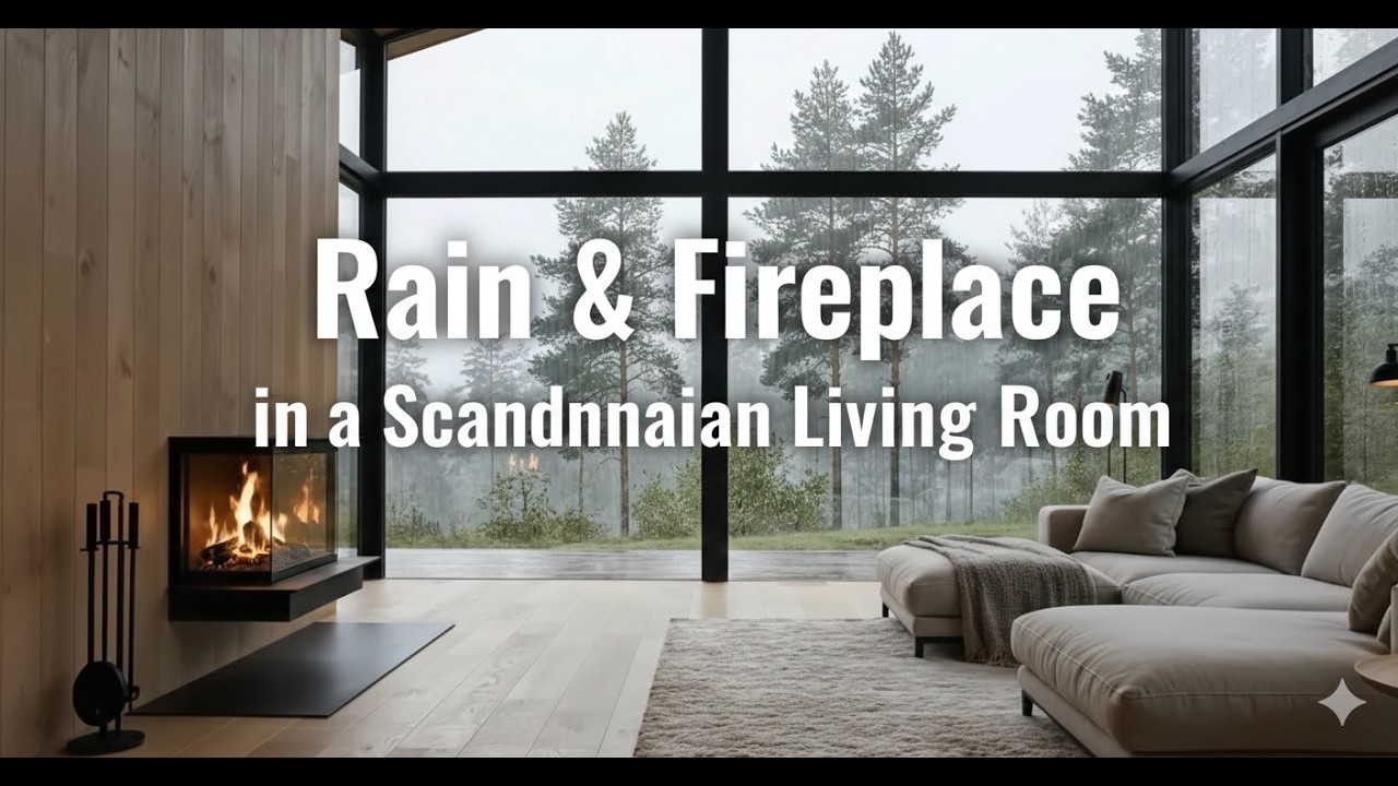 4K Deep Focus Ambience: Rain & Fireplace in a Scandinavian Living Room