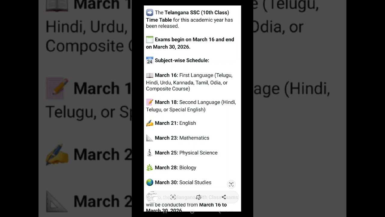 The Telangana SSC (10th class) Board Exam Time Table March 2026