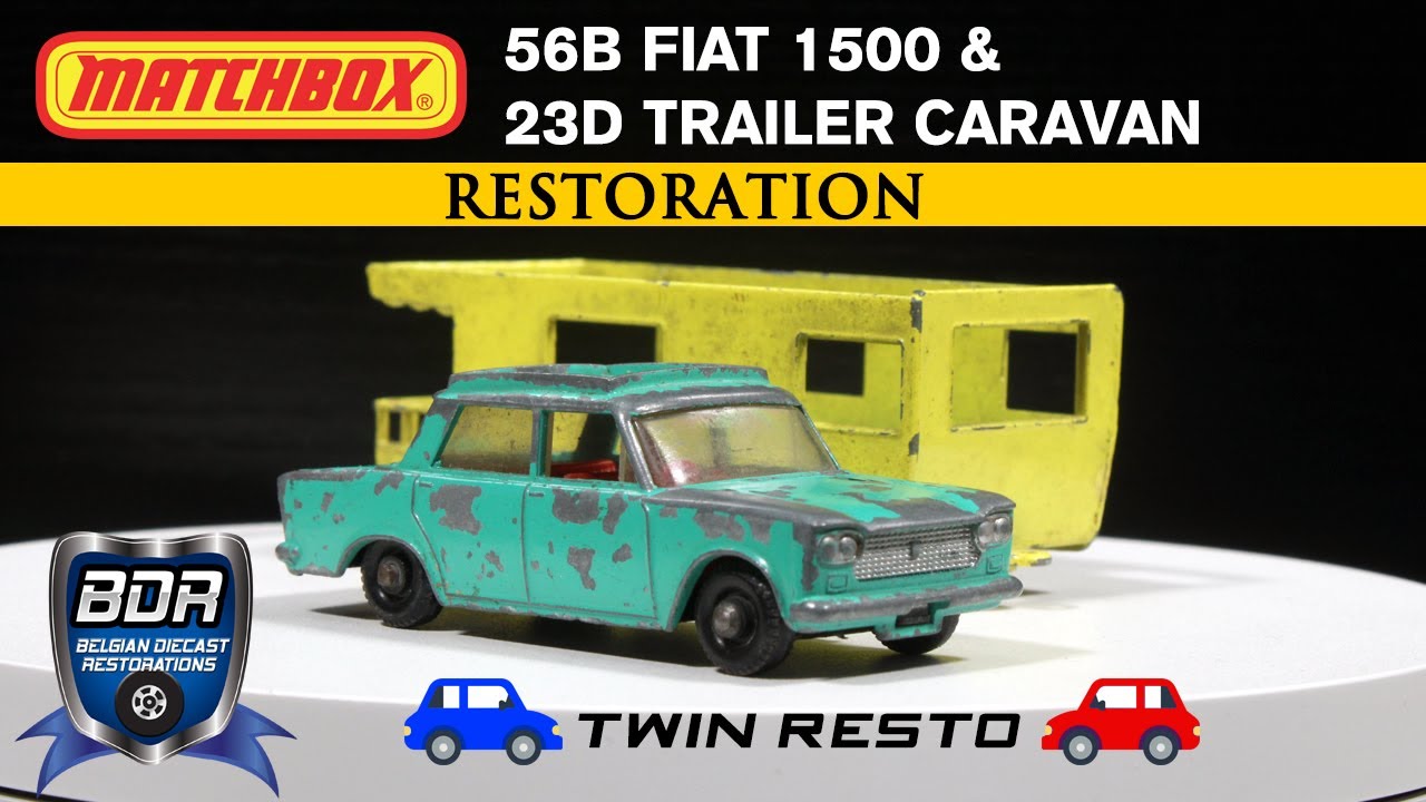 Lesney Matchbox 56B Fiat 1500 & 23D Trailer Caravan - Twin Diecast Restoration