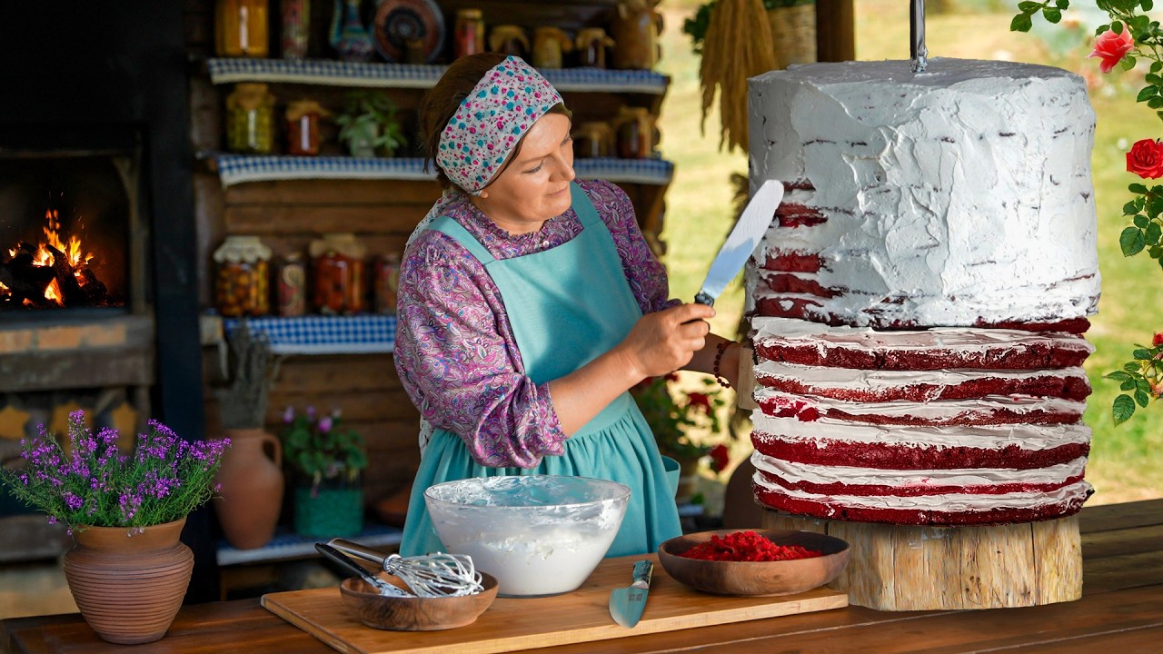 The Biggest Moist Red Velvet Cake on a Spit - When One Bite is Not Enough!