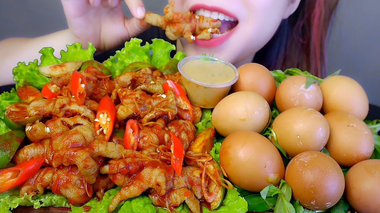 ASMR EATING GRILLED CHICKEN EGGS X THAI SAUCE CHICKEN FEET EATING SOUNDS | LINH-ASMR