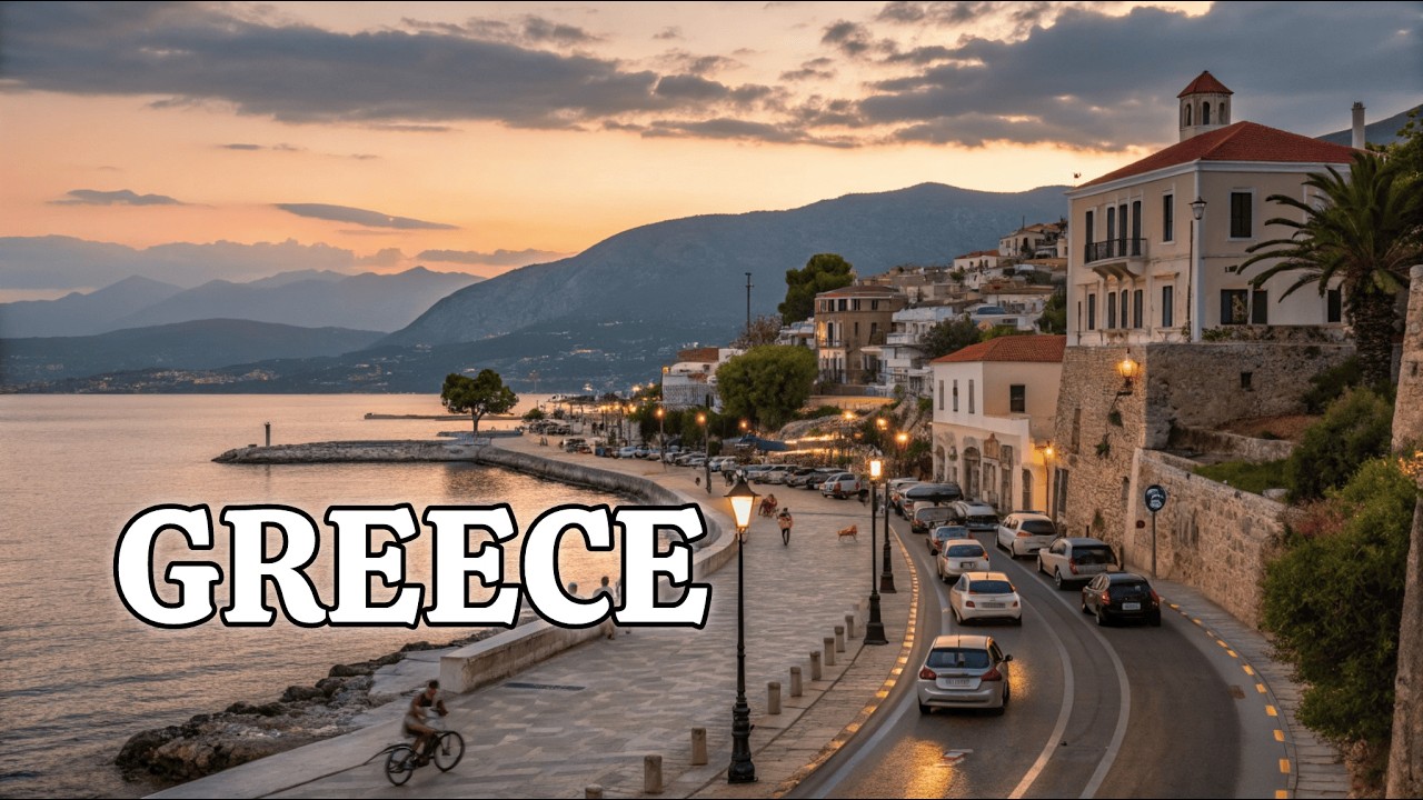Evening Greece 4K Walking Tour 🇬🇷 Coastal City, Sea Views & Relaxing Streets | Real Life Sounds