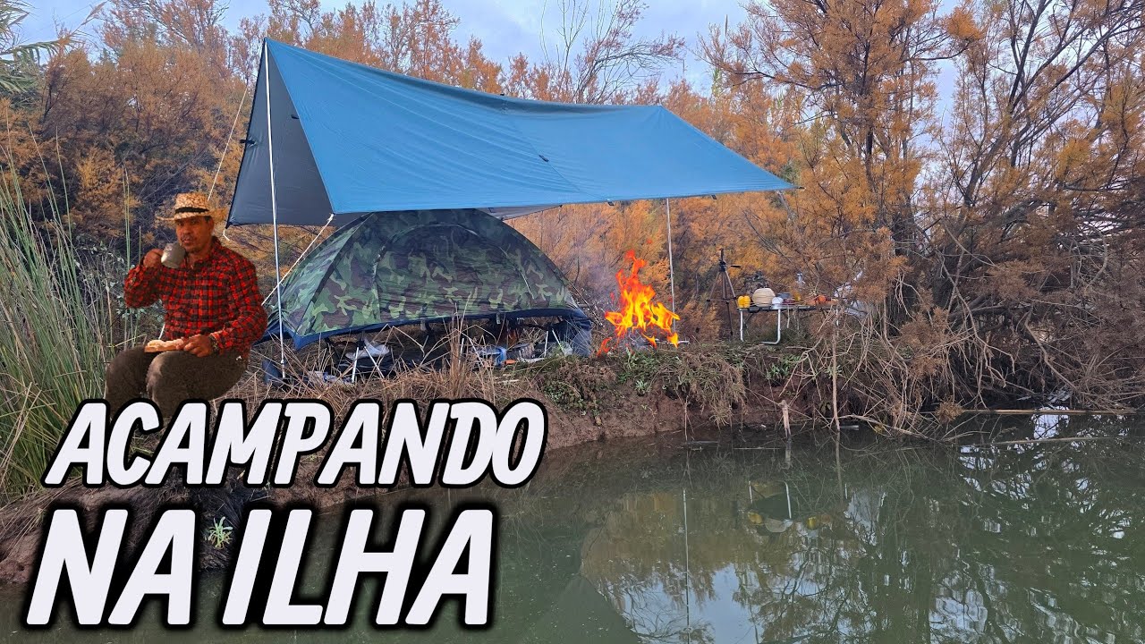 ACAMPAMENTO na ILHA NO inverno  com UM FOGO DE chão 
