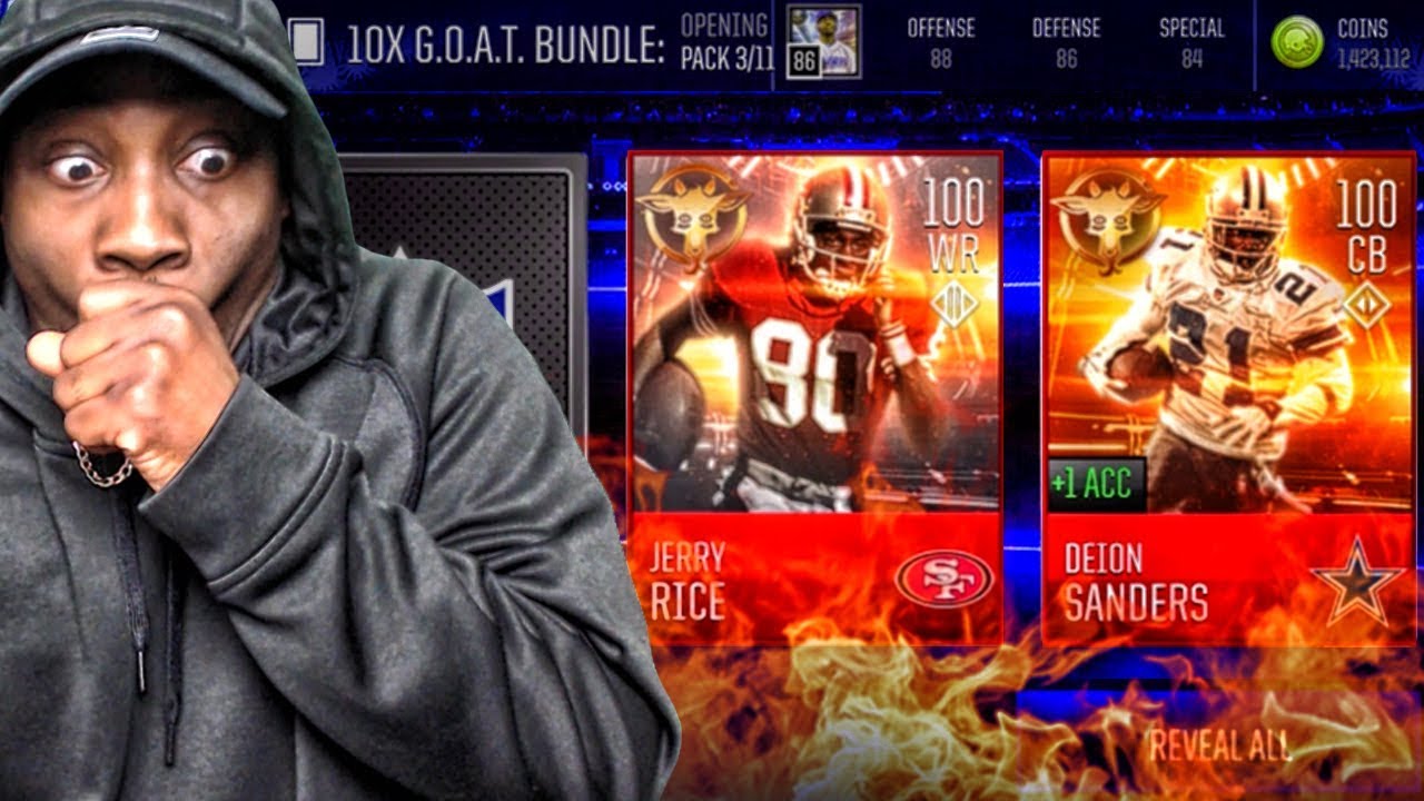 100 OVR JERRY RICE & DEION SANDERS IN G.O.A.T. PACK OPENING! Madden Mobile 18 Gameplay Ep. 5