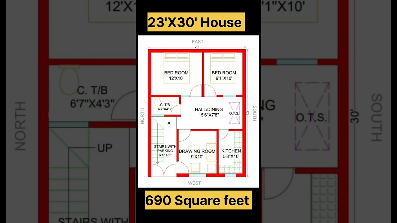 23' X 30' House Plan | 23*30 Home Plan | 23 by 30 Ghar ka naksha with 2bhk Parking #shorts