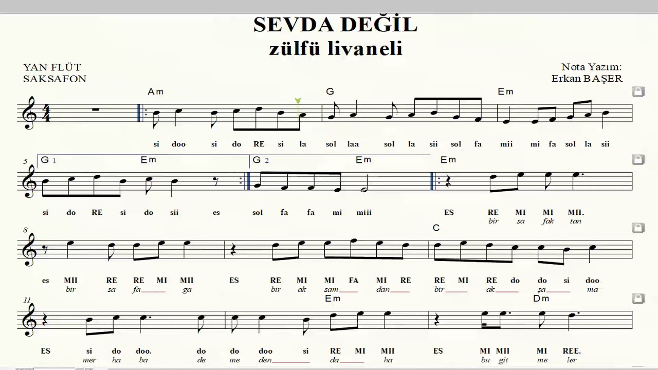 SEVDA DEĞİL (eğil salkım söğüt eğil) YAN FLÜT notaları EŞLİKLİ nota takipli