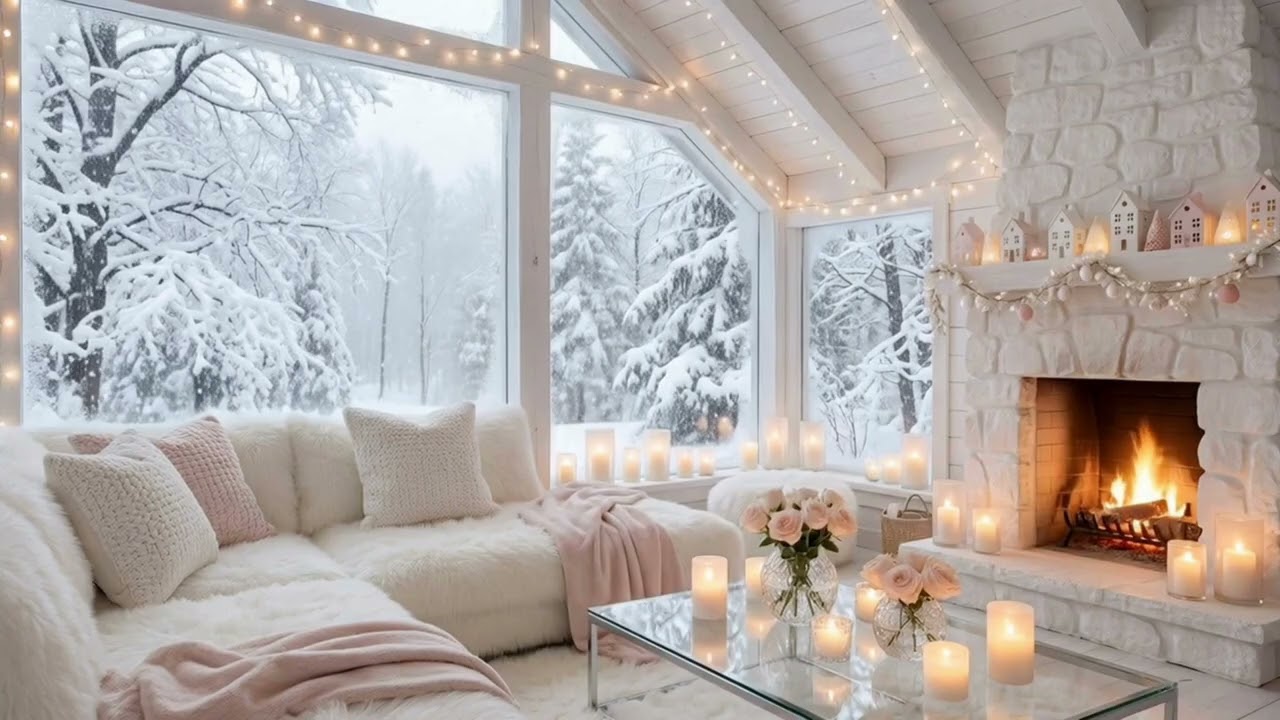 ❄️ Soft Piano | Cozy Fireplace & Winter Cabin for 4 Hours | Sleep Relax Focus Study Calm