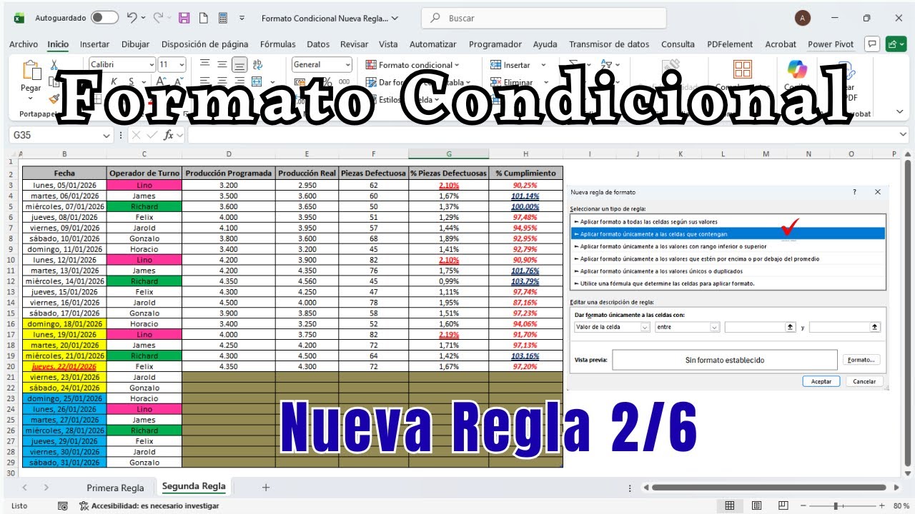 Formato Condicional - Nueva Regla - Aplicar Formato Únicamente a Las Celdas Que Contengan- Regla 2/6