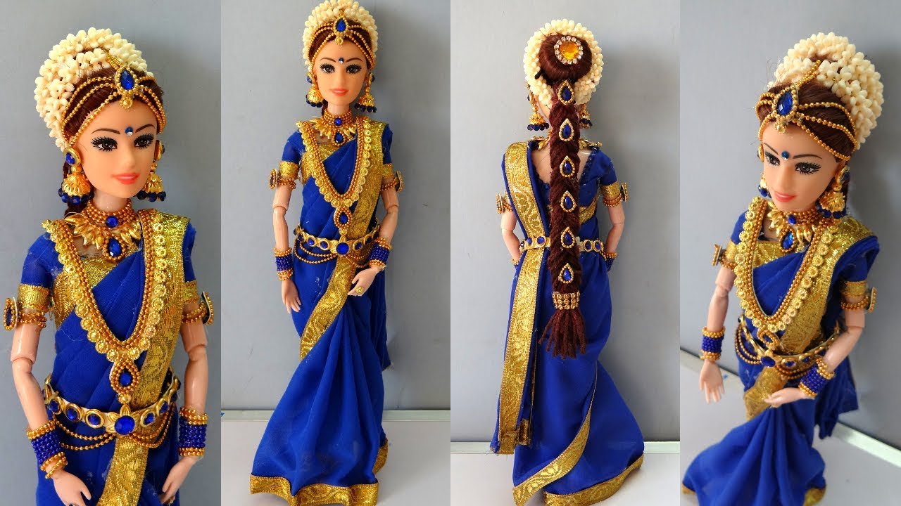 Barbie doll saree making | South indian bridal doll dress and jewellery | Barbie saree draping