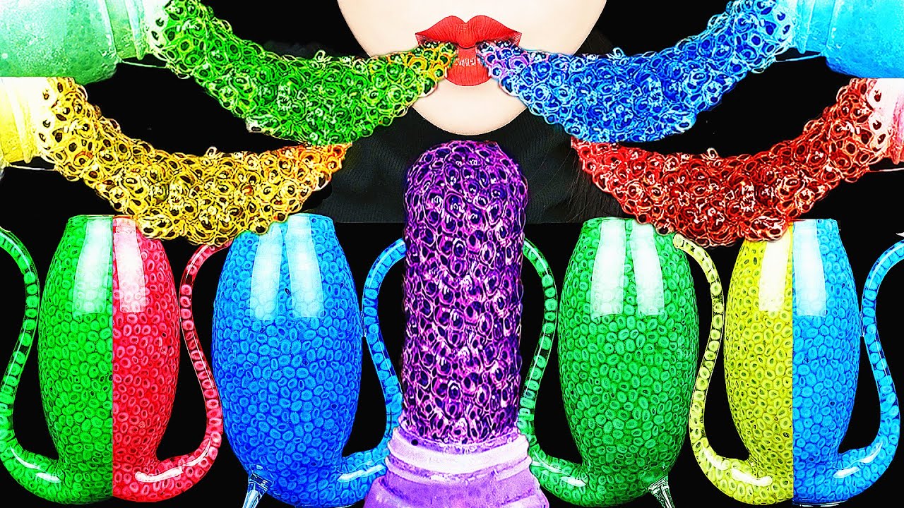 ASMR RAINBOW DRINKS *VAMPIRE BOBA TEA, FROG EGGS HONEY JELLY EATING SOUNDS, DRINKING SOUNDS 신기한 물 먹방