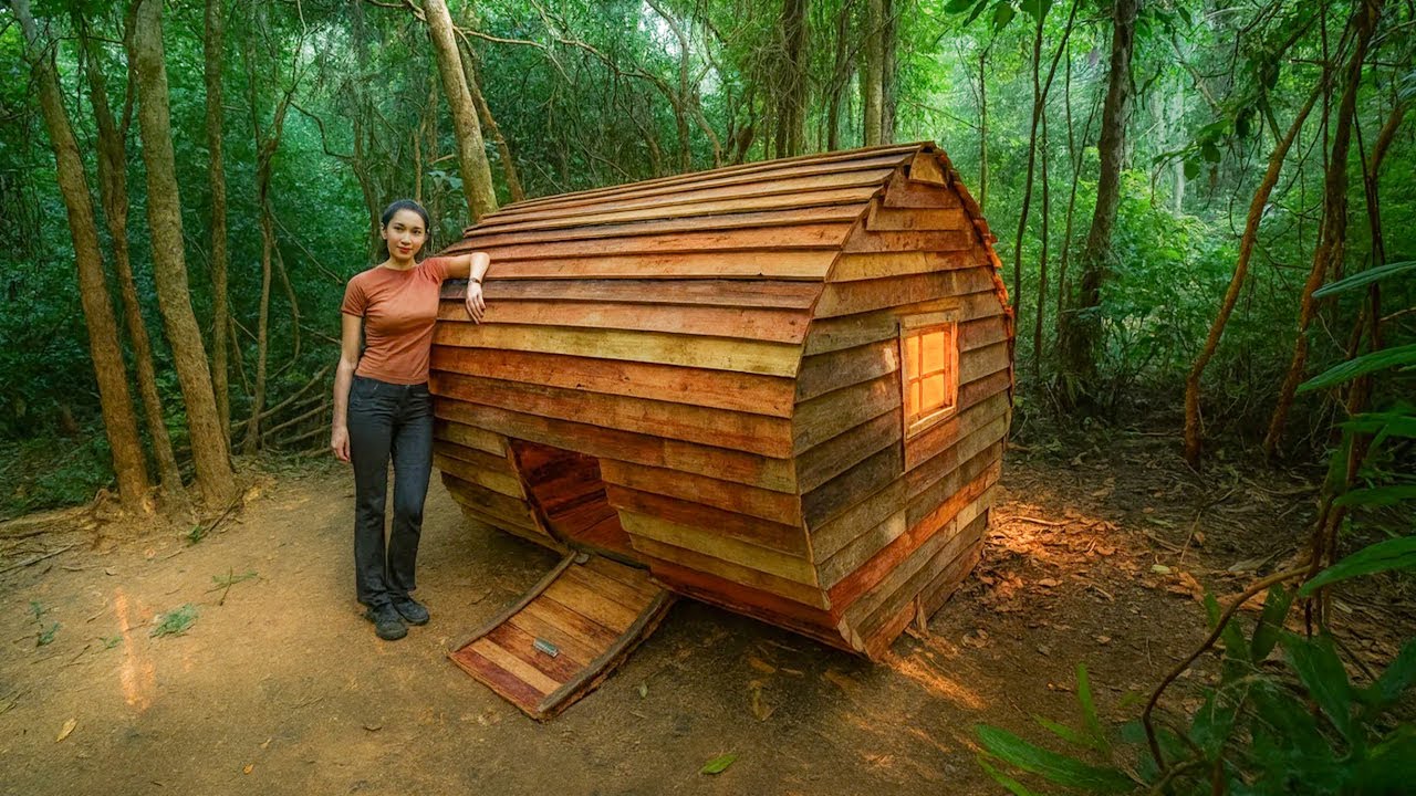 Young Woman Builds a Cozy Wooden Forest Shelter | Bushcraft Skills