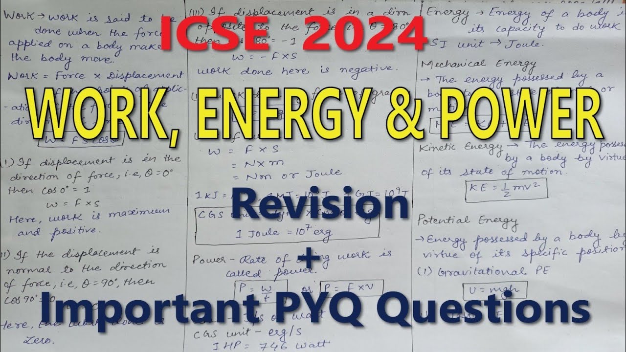 Work, Energy and Power Important questions + Revision|| Icse Physics Important questions
