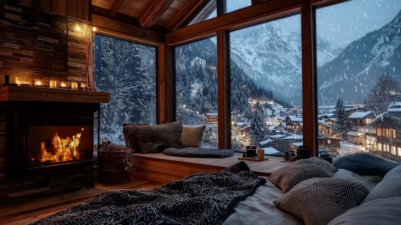 Cozy Winter Cabin with Crackling Fireplace and Gentle Snowfall for Deep Relaxation and Sleep