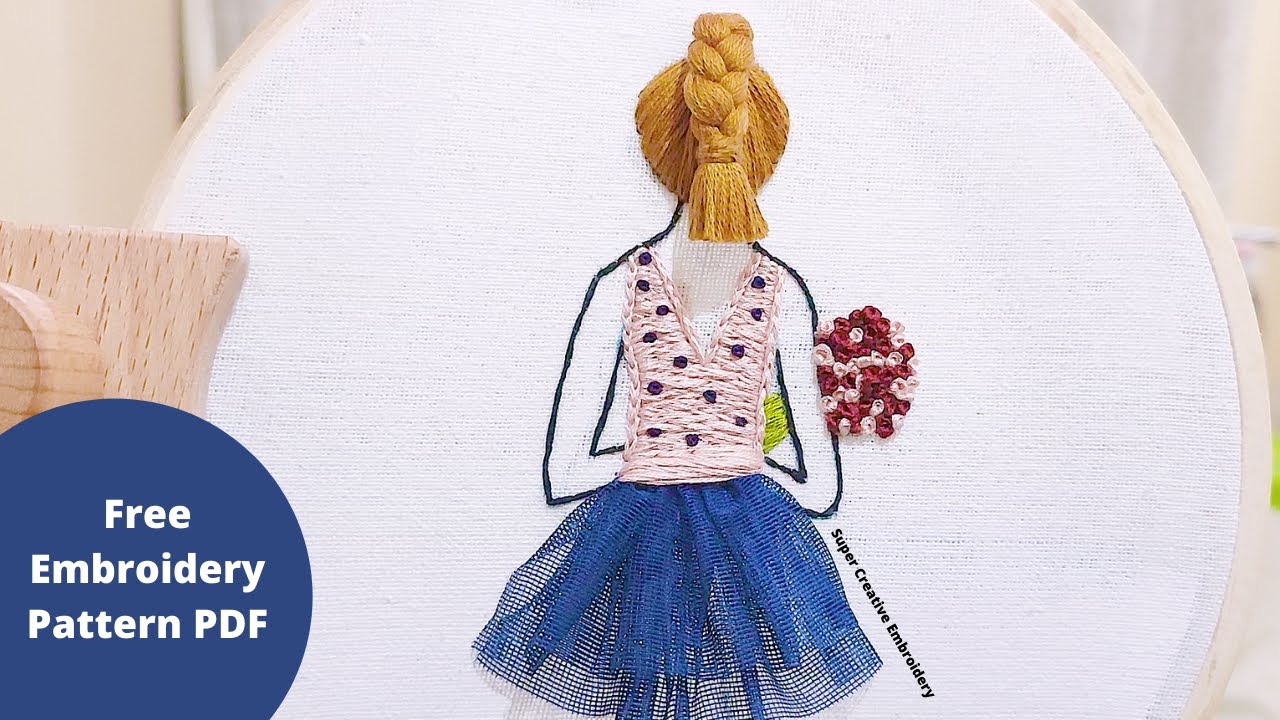 Girl and Hair Embroidery Hoop with Free Pattern /Girl Embroidery with Hair Art Tutorial fr Beginners