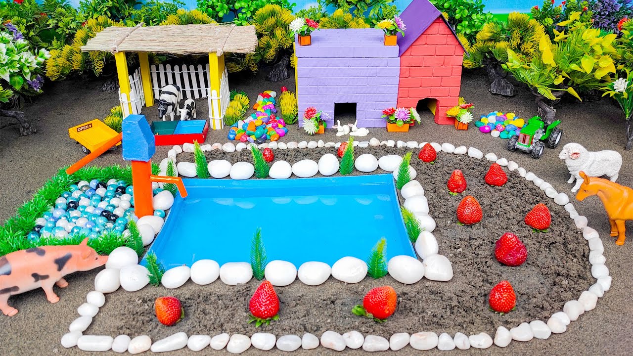 DIY Farm Diorama with mini house for cow, pig | cow shed | Supply Water to grow strawberry #18