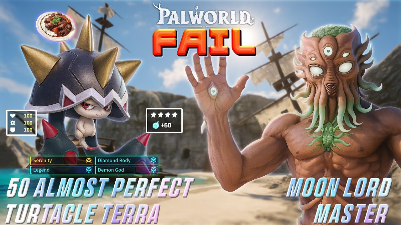 Palworld: 50 Almost Perfect Turtacle Terra vs Moon Lord Master failed