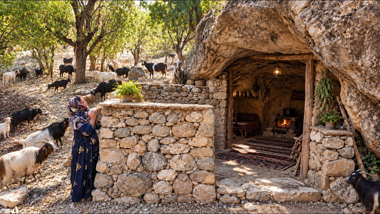 😱 Living in a mountain cave | Rebuilding our rock shelter and caring for our goats 🐐🏔️