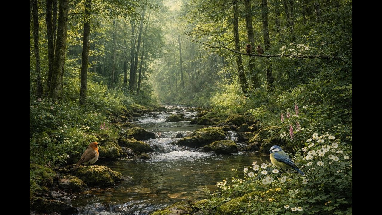 Peaceful Forest Ambience 🍃 | Flowing Creek & Birds | 4K Nature Sounds
