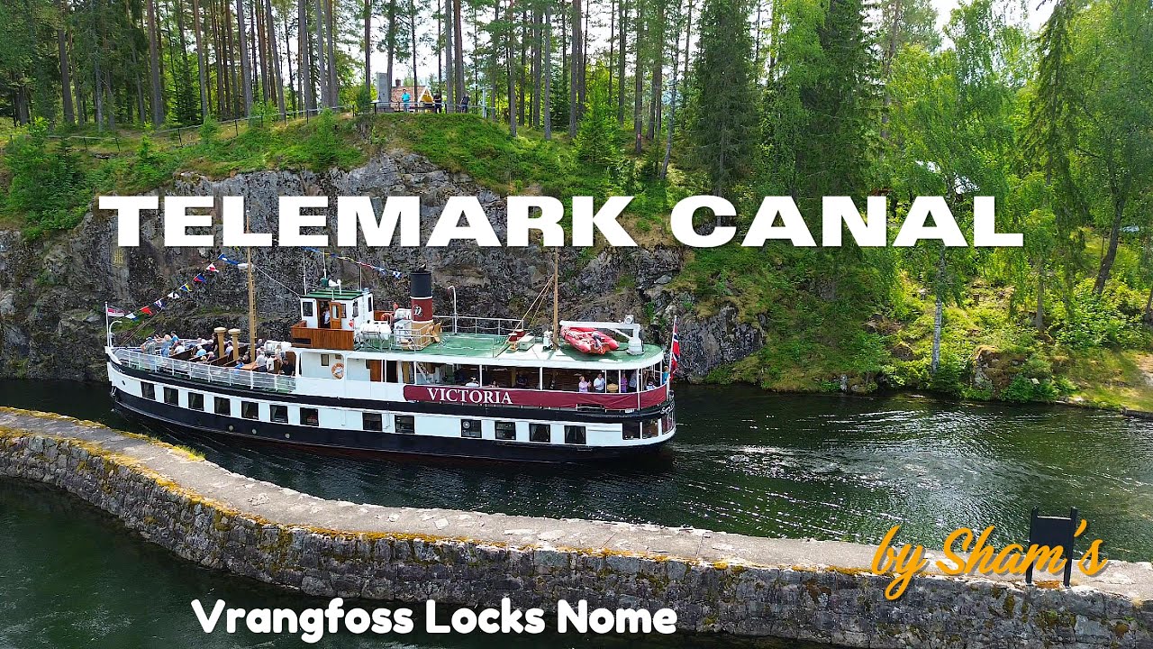 Drone view MS Victoria on the Telemark Canal, Norway -Vrangfoss Locks #tourism #ferry
