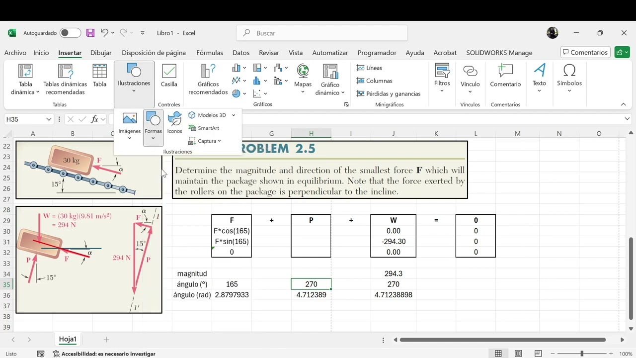 Ejemplo 2.5. Equilibrio de fuerzas. Solución utilizando Excel.