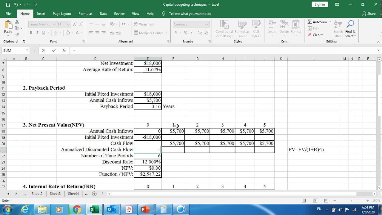 Capital budgeting techniques (By using Microsoft Excel)