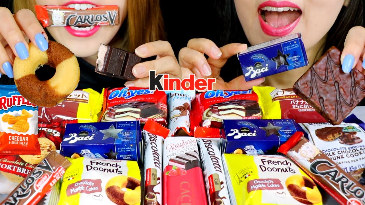 ASMR TRYING SNACKS FROM AROUND THE WORLD (CHOCOLATE CAKE, COOKIES, DONUTS, CHIPS) 먹방 | Kim&Liz ASMR