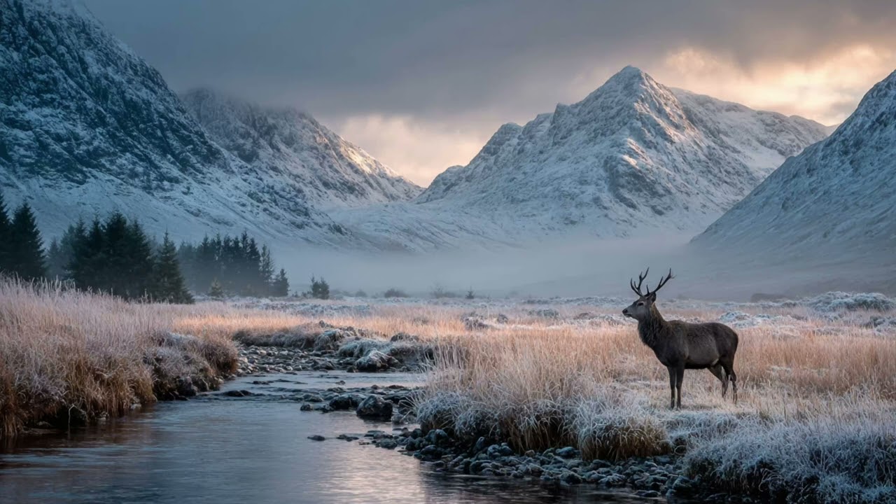 4K Majestic Red Deer in Frosty Valley | Cozy Winter Mountain TV Ambiance Art